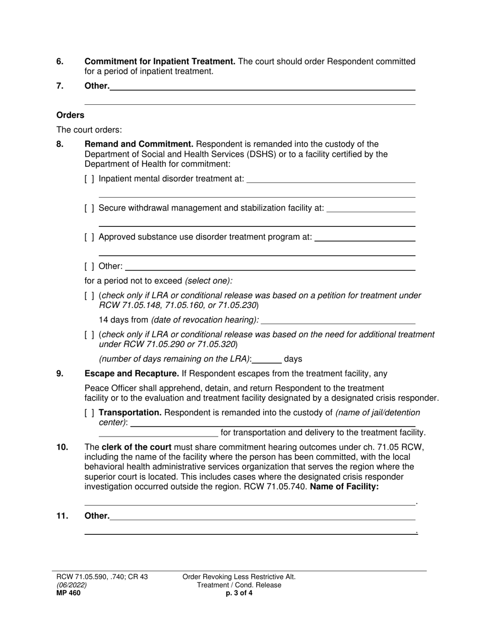 Form MP460 Order Revoking Less Restrictive Alternative Treatment / Conditional Release - Washington, Page 3