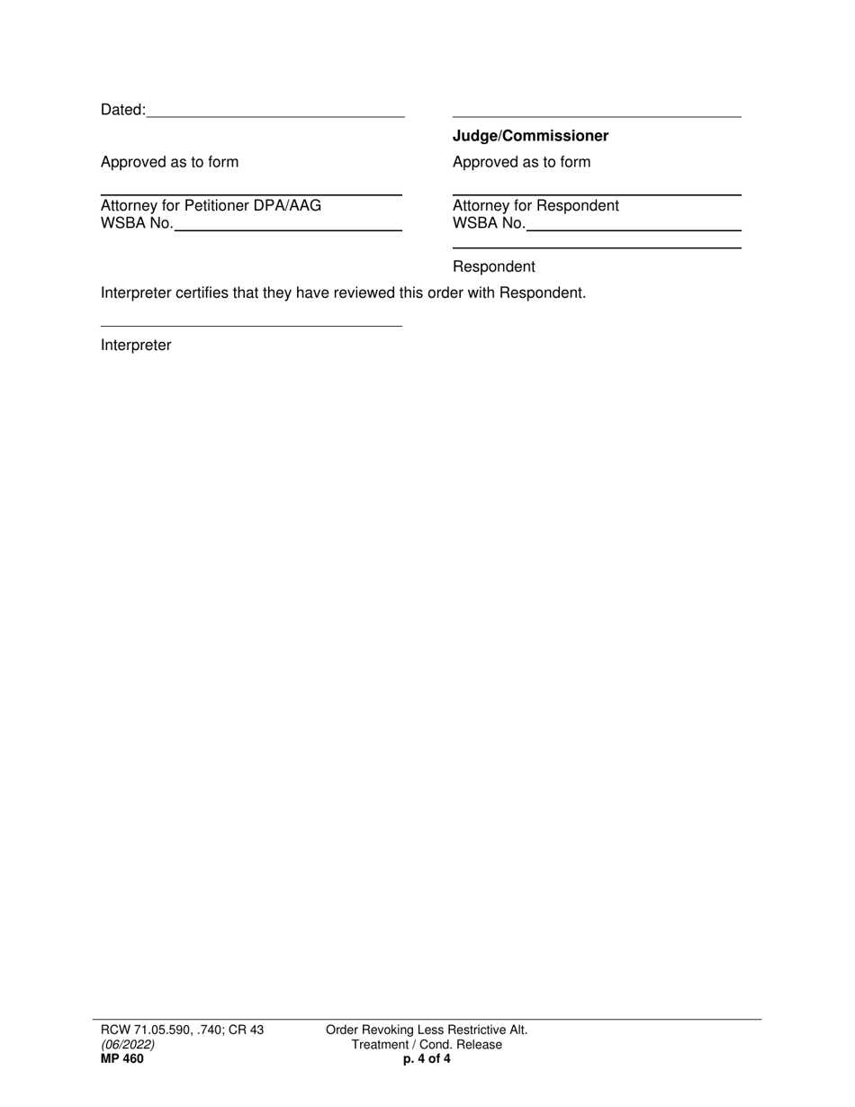 Form MP460 Order Revoking Less Restrictive Alternative Treatment / Conditional Release - Washington, Page 4
