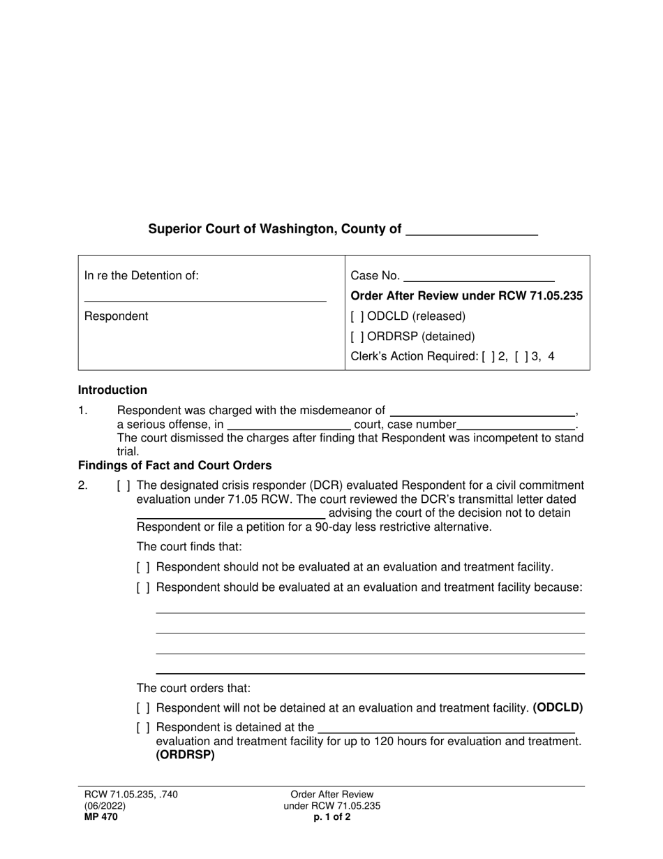 Form MP470 Order After Review Under Rcw 71.05.235 - Washington, Page 1