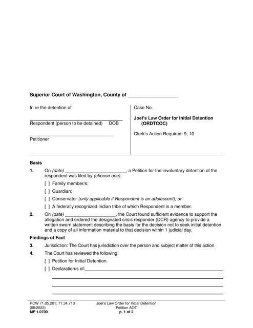 Form MP1.0700 Joel's Law Order for Initial Detention - Washington