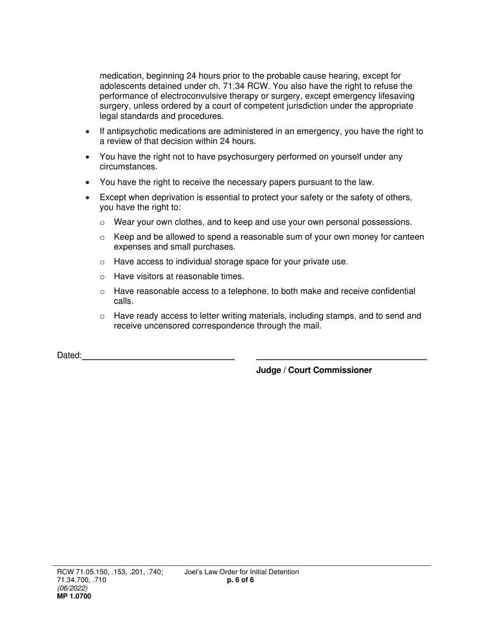 Form MP1.0700 Joels Law Order for Initial Detention - Washington, Page 6
