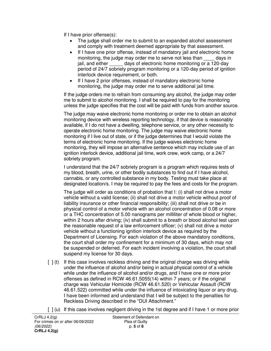 Form CrRLJ4.2(G) Statement of Defendant on Plea of Guilty - Washington, Page 5