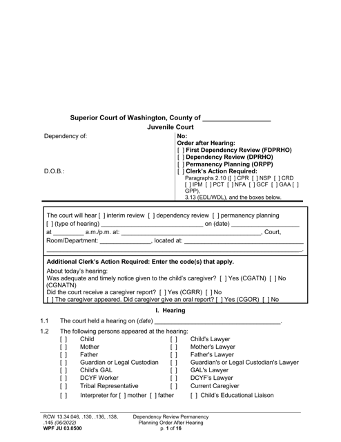 Form WPF JU03.0500 Order After Hearing: First Dependency Review/Dependency Review/Permanency Planning - Washington
