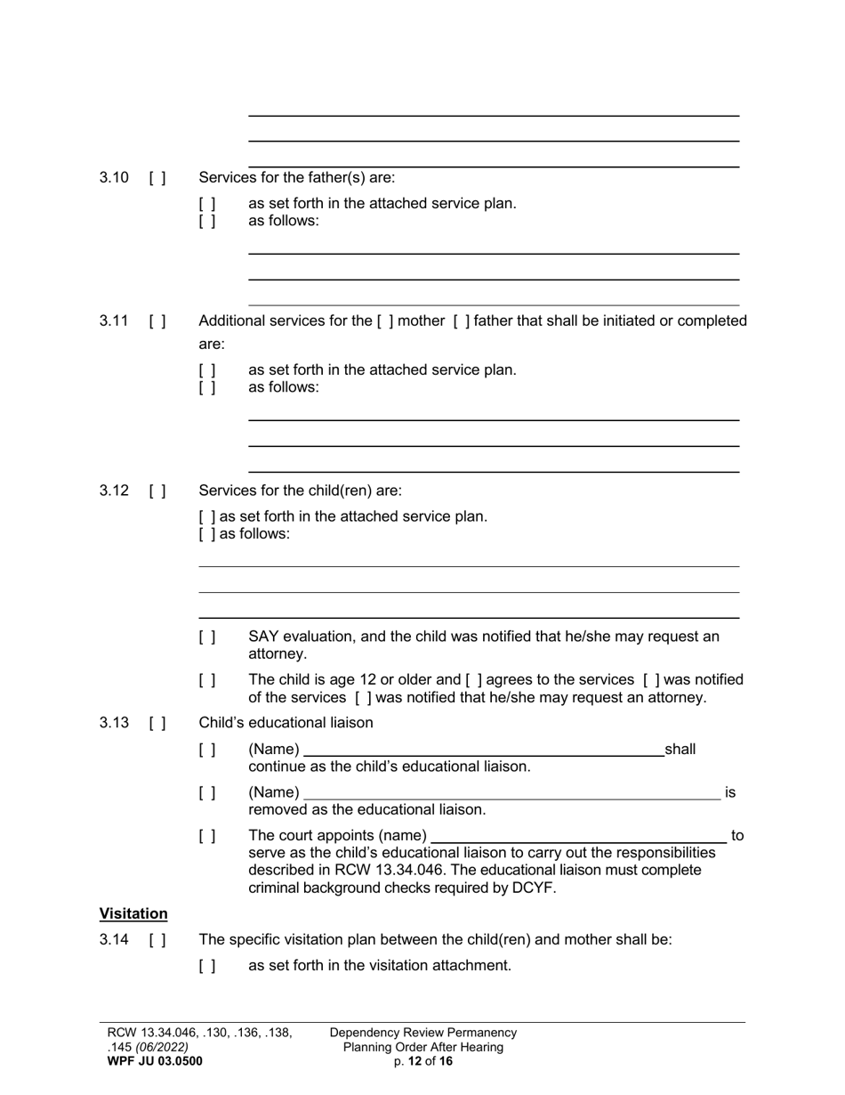 Form WPF JU03.0500 Order After Hearing: First Dependency Review / Dependency Review / Permanency Planning - Washington, Page 12