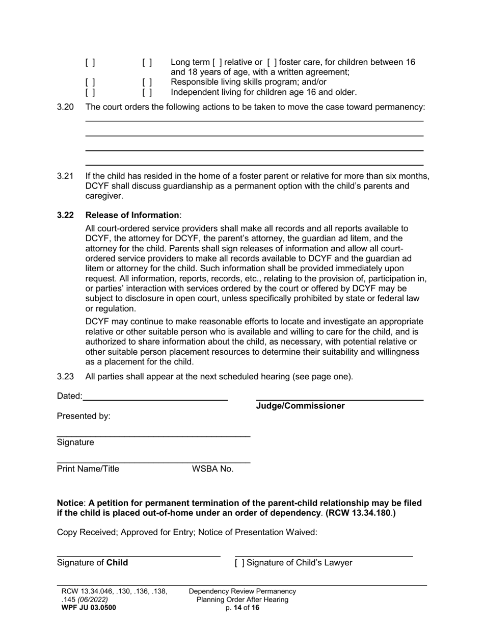 Form WPF JU03.0500 Order After Hearing: First Dependency Review / Dependency Review / Permanency Planning - Washington, Page 14