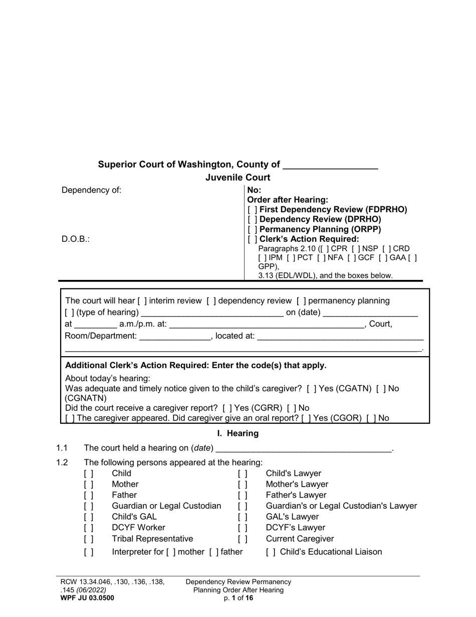 Form WPF JU03.0500 Order After Hearing: First Dependency Review / Dependency Review / Permanency Planning - Washington, Page 1