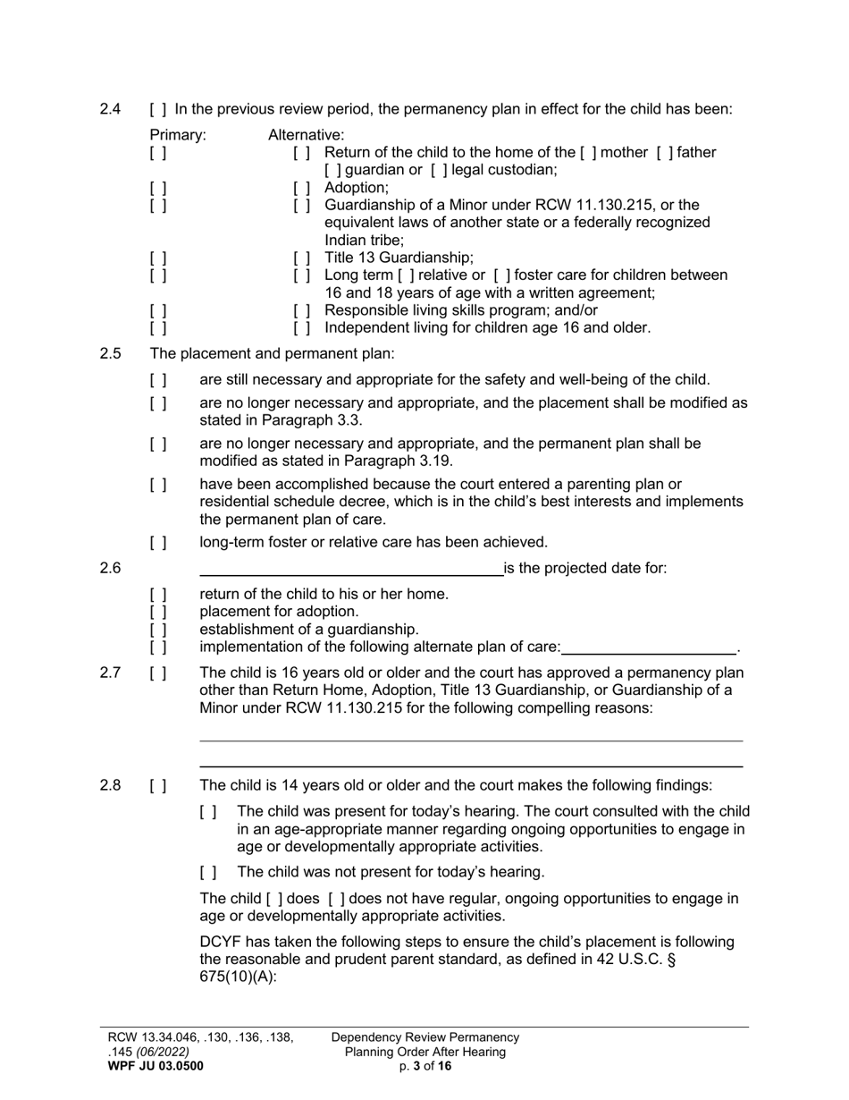 Form WPF JU03.0500 Order After Hearing: First Dependency Review / Dependency Review / Permanency Planning - Washington, Page 3