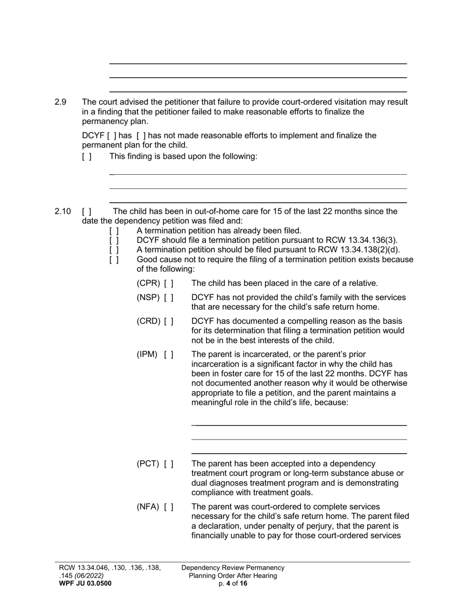 Form WPF JU03.0500 Order After Hearing: First Dependency Review / Dependency Review / Permanency Planning - Washington, Page 4