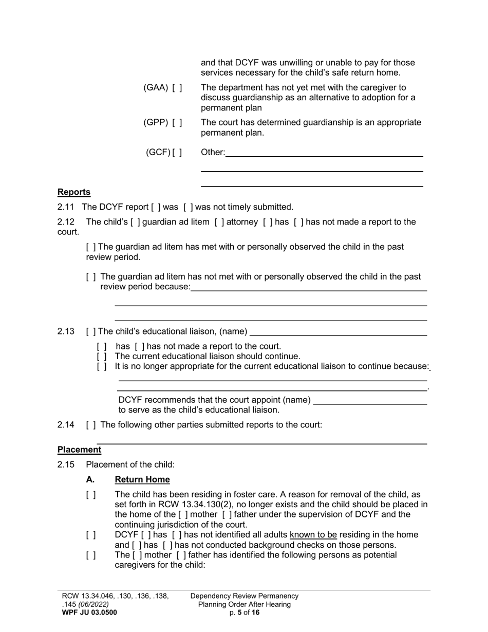 Form WPF JU03.0500 Order After Hearing: First Dependency Review / Dependency Review / Permanency Planning - Washington, Page 5