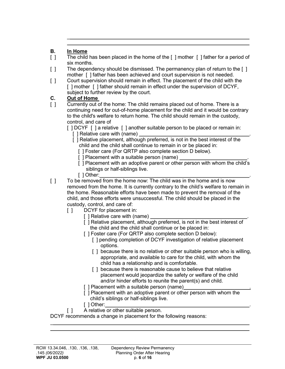 Form WPF JU03.0500 Order After Hearing: First Dependency Review / Dependency Review / Permanency Planning - Washington, Page 6