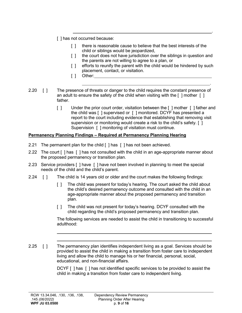 Form WPF JU03.0500 Order After Hearing: First Dependency Review / Dependency Review / Permanency Planning - Washington, Page 9