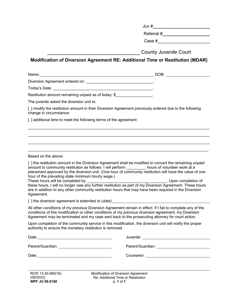 Form WPF JU06.0160 Modification of Diversion Agreement Re: Additional Time or Restitution (Mdar) - Washington, Page 1