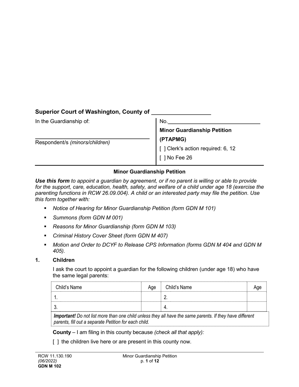 Form GDN M102 Minor Guardianship Petition - Washington, Page 1