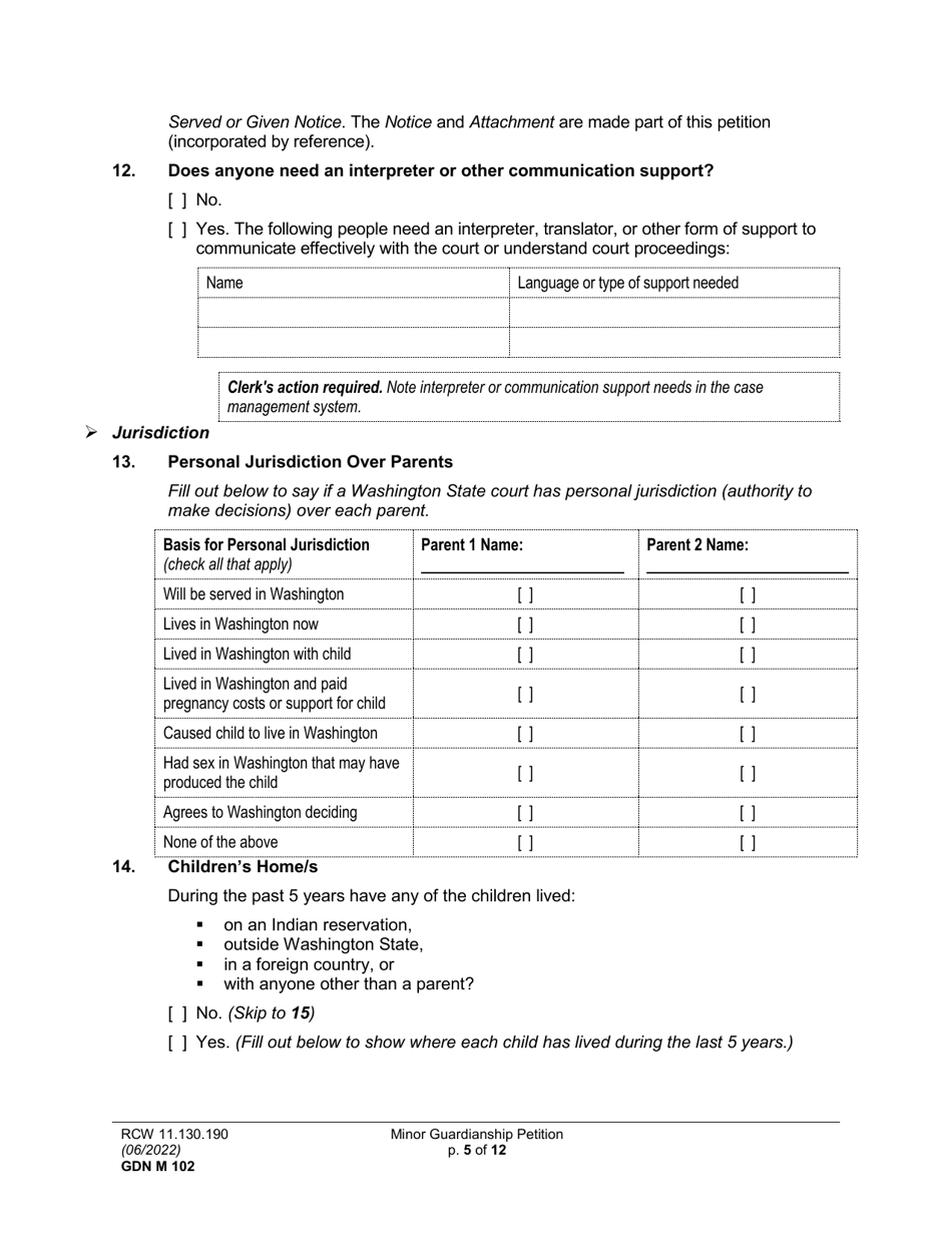 Form GDN M102 Minor Guardianship Petition - Washington, Page 5
