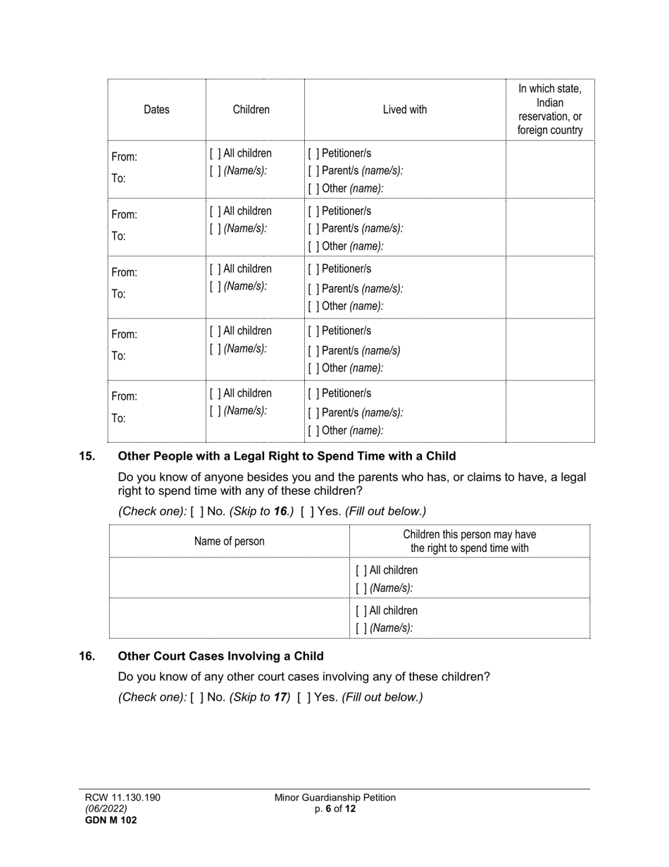 Form GDN M102 Minor Guardianship Petition - Washington, Page 6