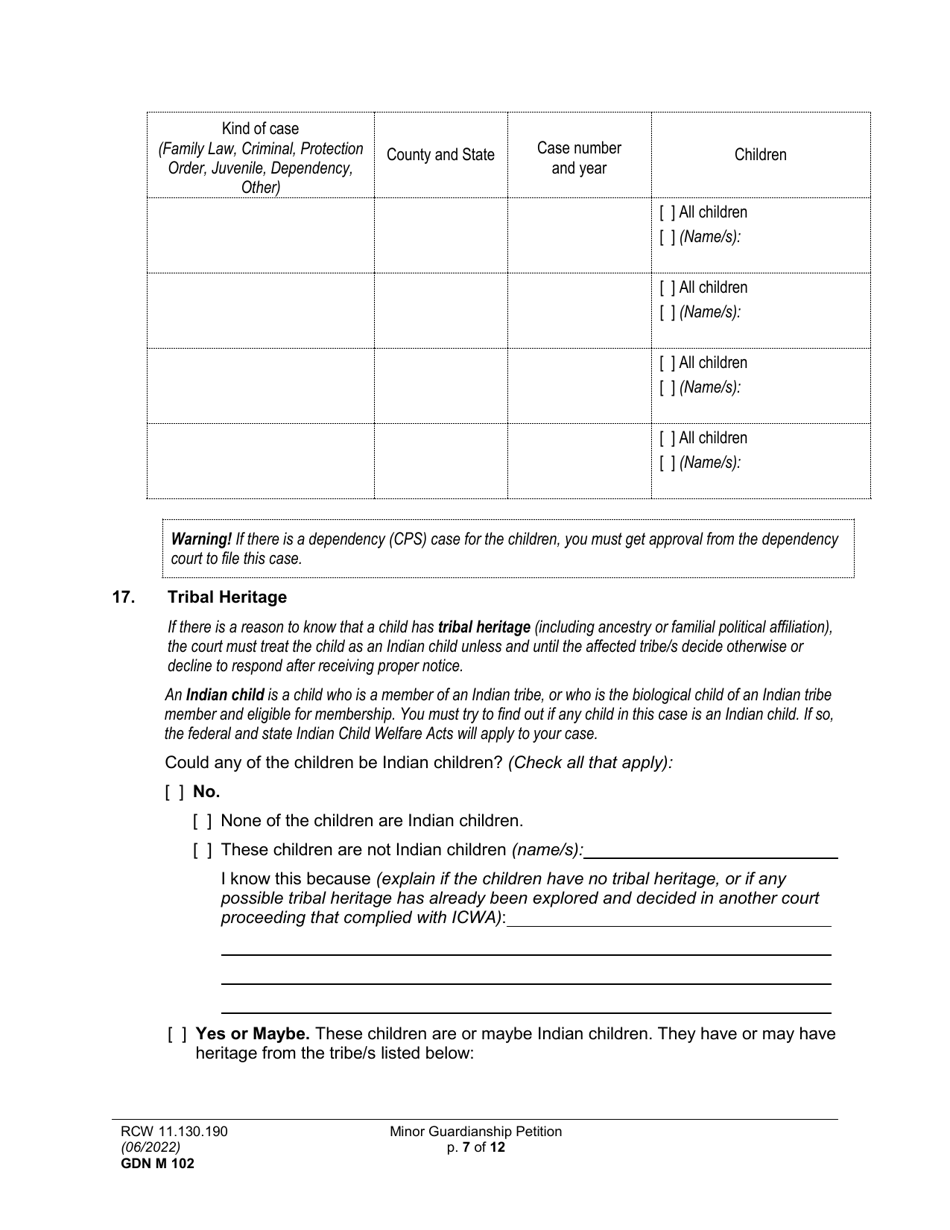 Form GDN M102 Minor Guardianship Petition - Washington, Page 7