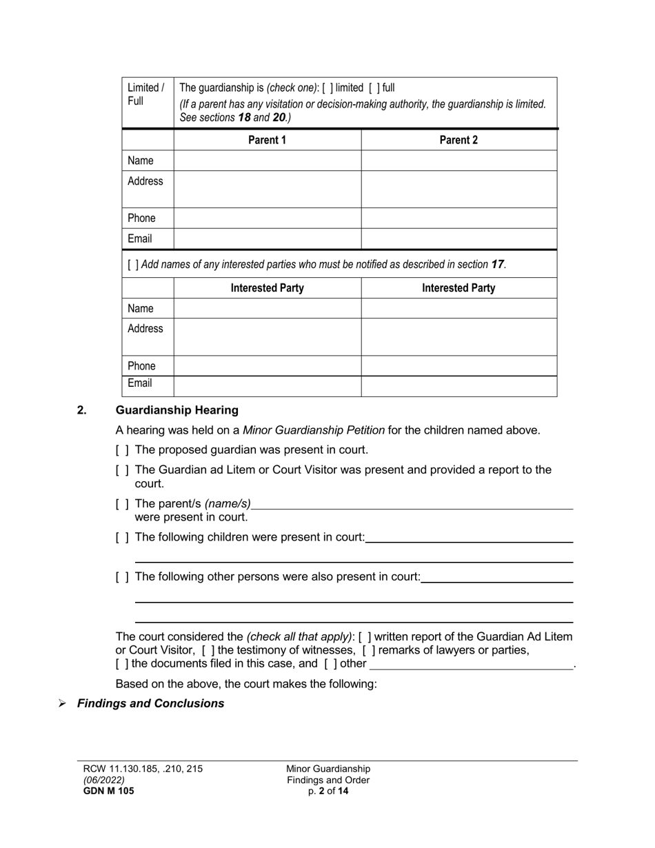 Form GDN M105 Minor Guardianship Findings and Order - Washington, Page 2