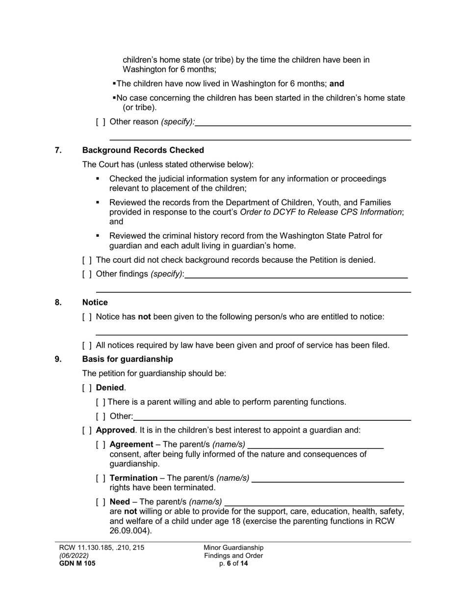 Form GDN M105 Minor Guardianship Findings and Order - Washington, Page 6