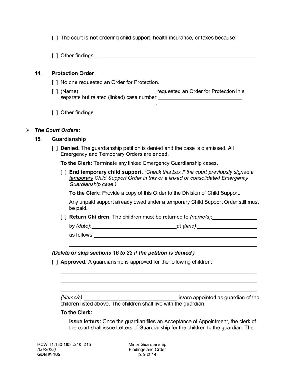 Form GDN M105 Minor Guardianship Findings and Order - Washington, Page 9