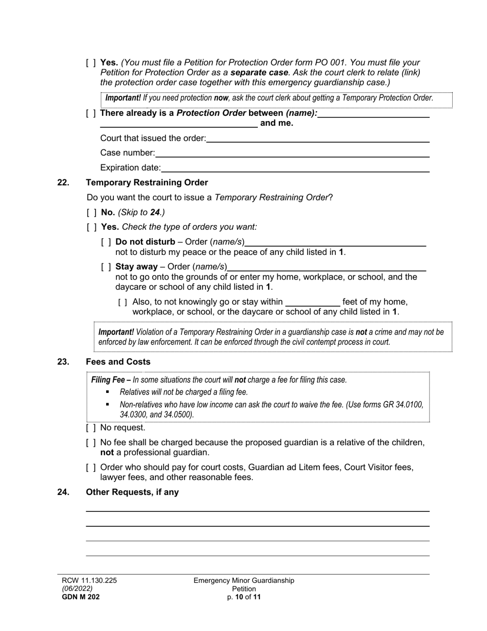 Form GDN M202 Emergency Minor Guardianship Petition - Washington, Page 10