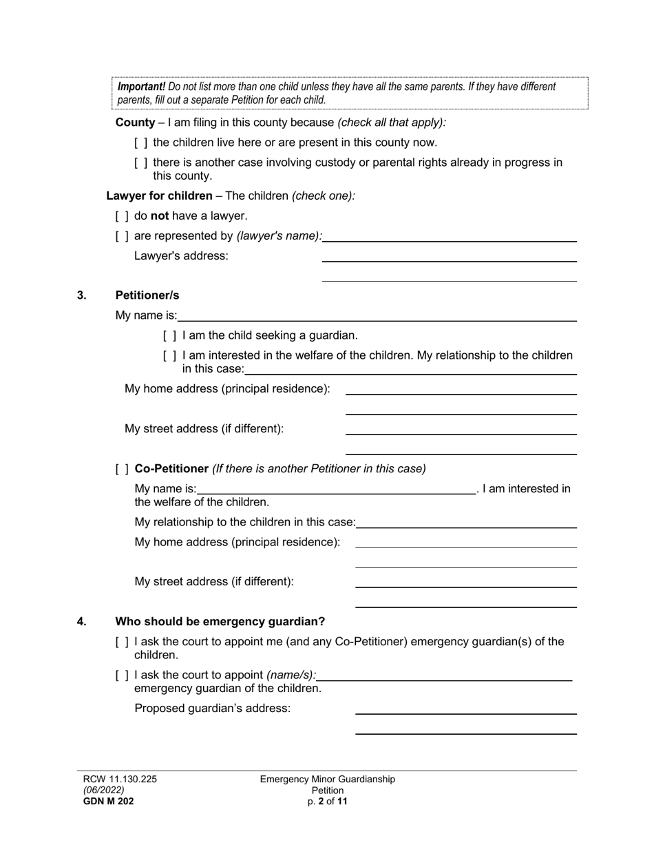 Form GDN M202 Emergency Minor Guardianship Petition - Washington, Page 2