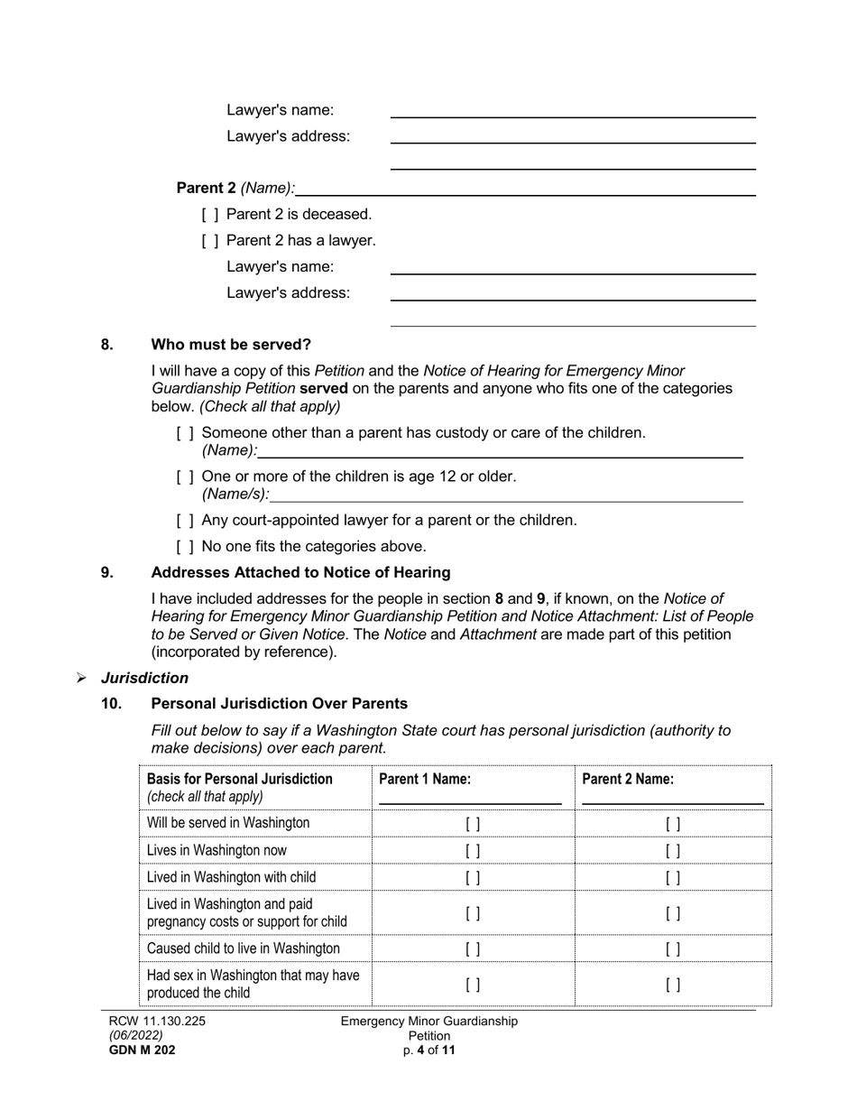 Form GDN M202 Emergency Minor Guardianship Petition - Washington, Page 4