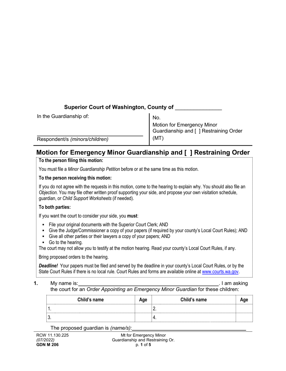 Form GDN M206 Motion for Emergency Minor Guardianship and Restraining Order - Washington, Page 1
