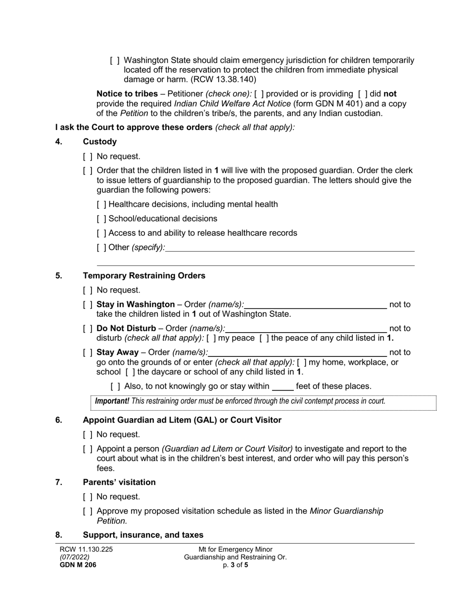 Form GDN M206 Motion for Emergency Minor Guardianship and Restraining Order - Washington, Page 3