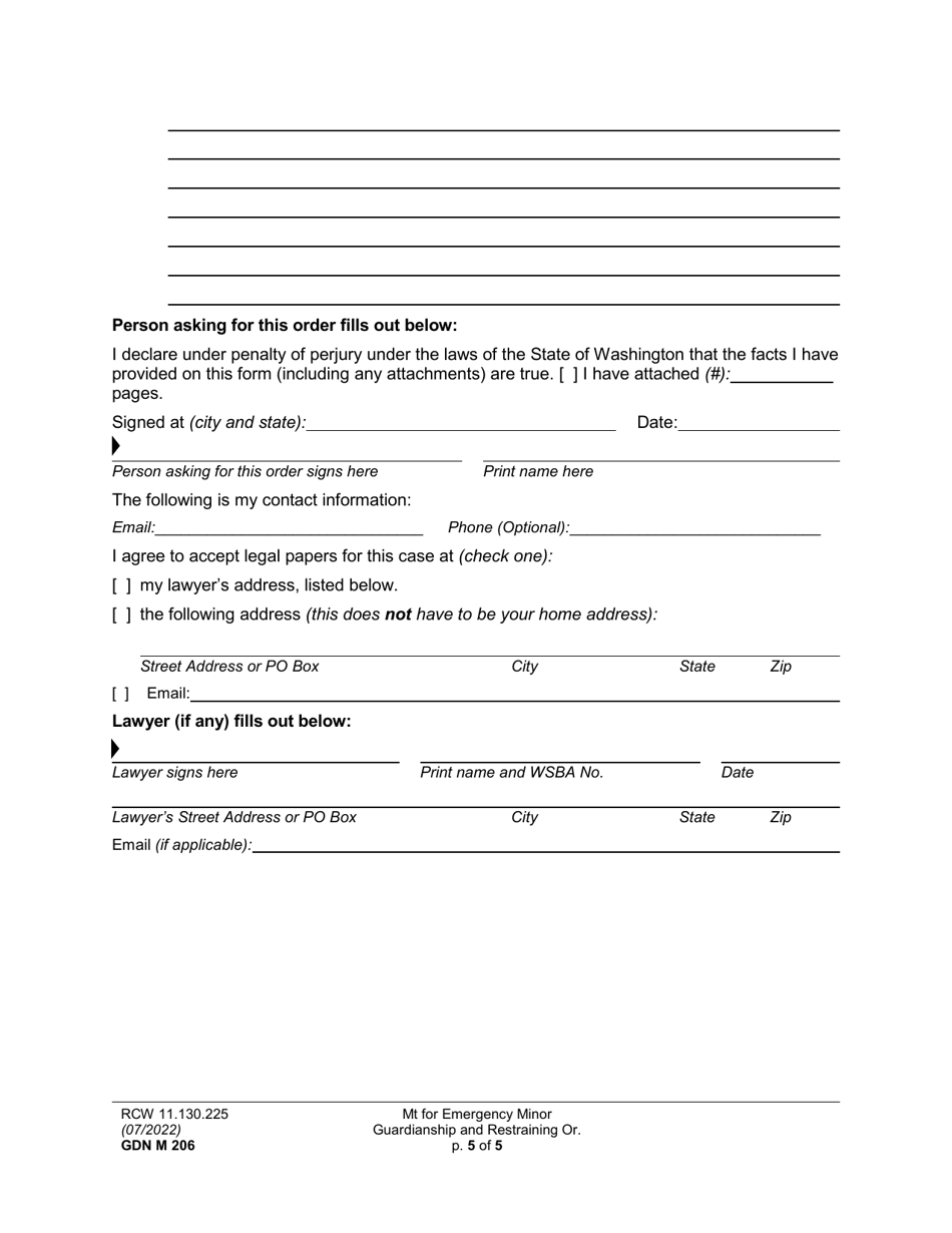 Form GDN M206 Motion for Emergency Minor Guardianship and Restraining Order - Washington, Page 5
