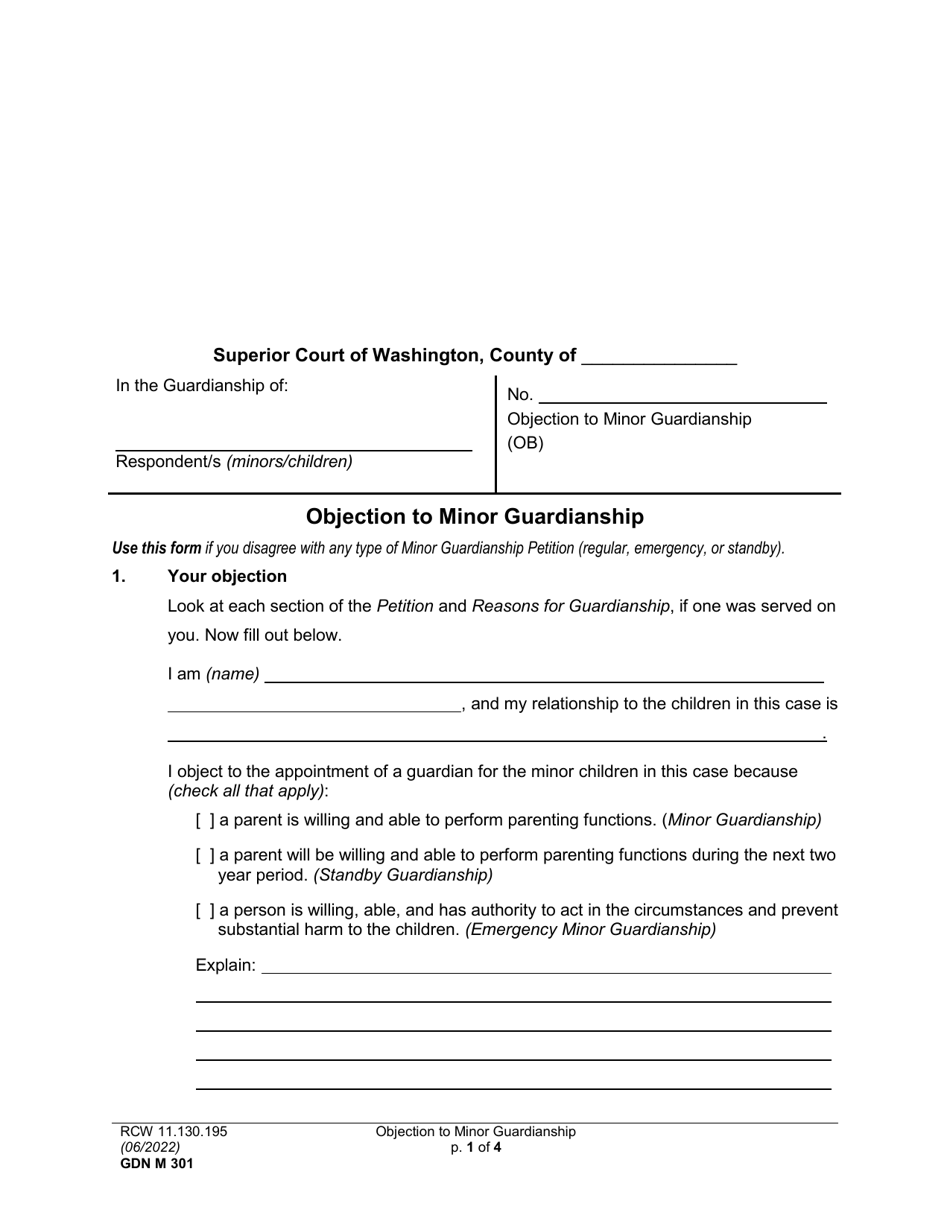 Form GDN M301 Objection to Minor Guardianship - Washington, Page 1