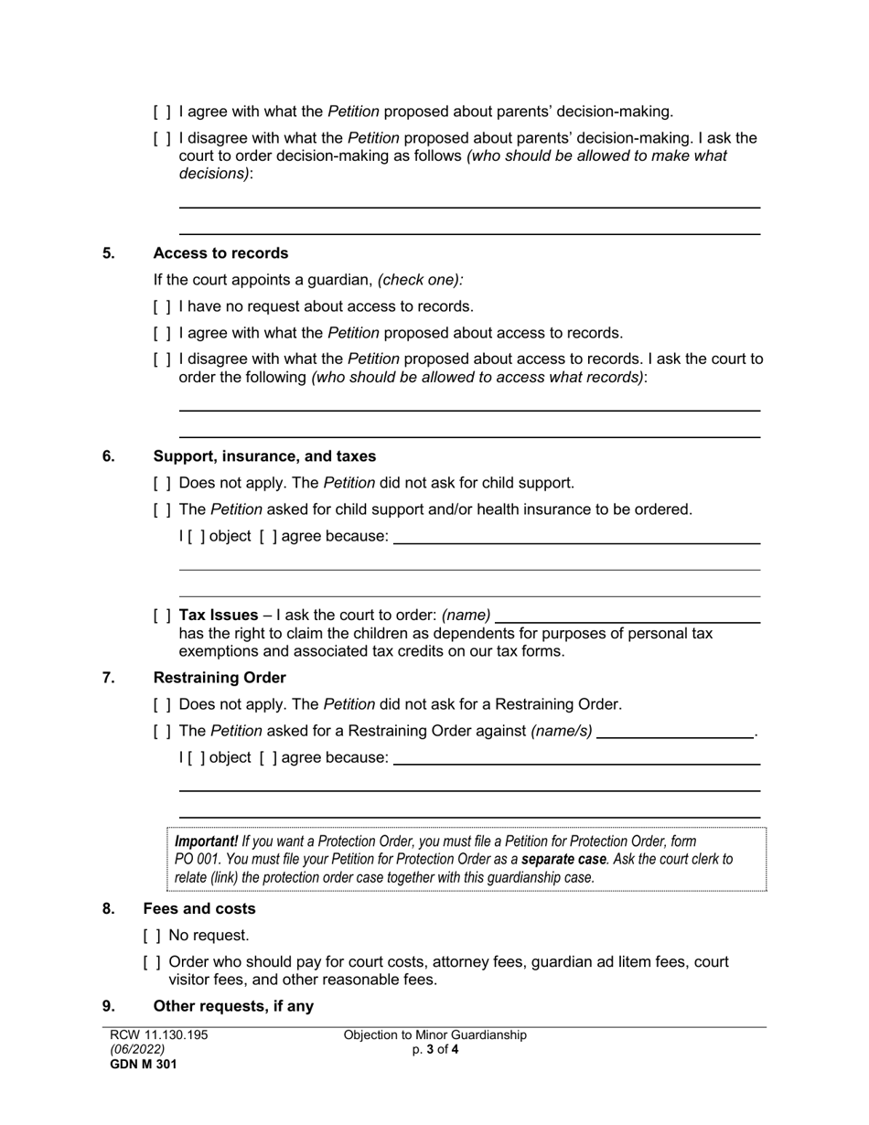 Form GDN M301 Objection to Minor Guardianship - Washington, Page 3