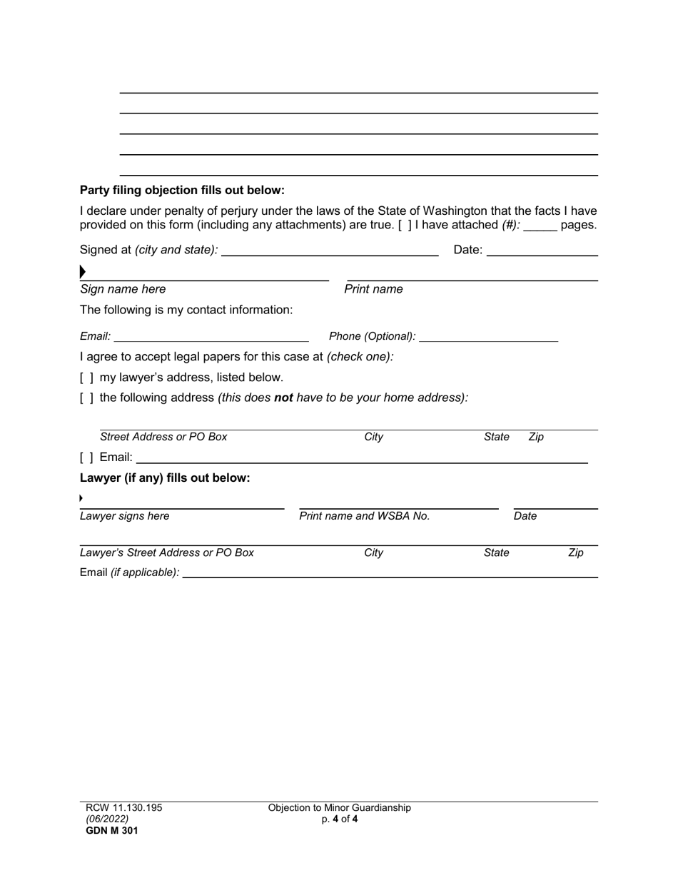 Form GDN M301 Objection to Minor Guardianship - Washington, Page 4
