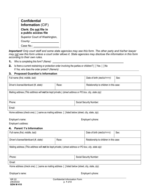 Form GDN M410 Confidential Information Sheet - Washington