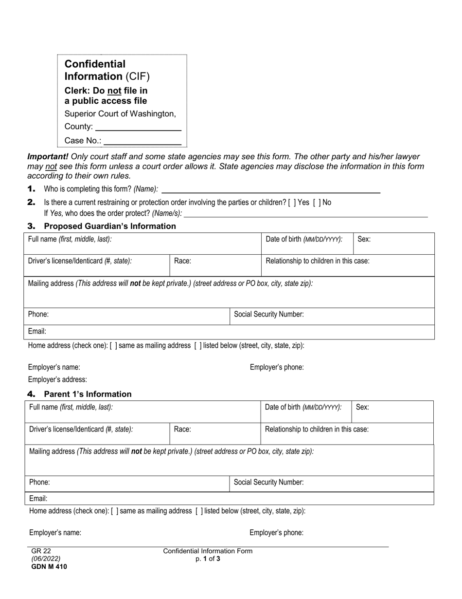 Form GDN M410 Confidential Information Sheet - Washington, Page 1