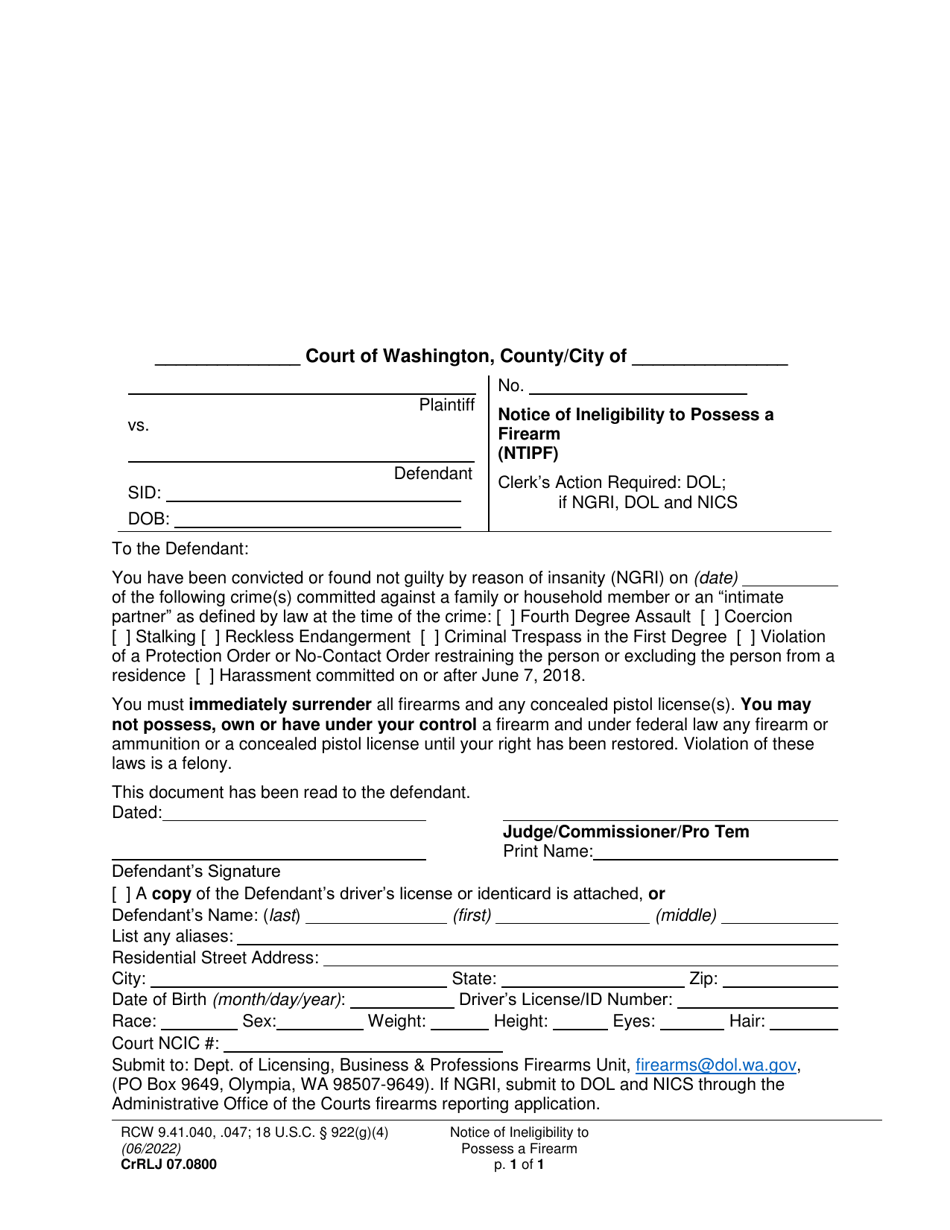 Form CrRLJ07.0800 Notice of Ineligibility to Possess a Firearm - Washington, Page 1