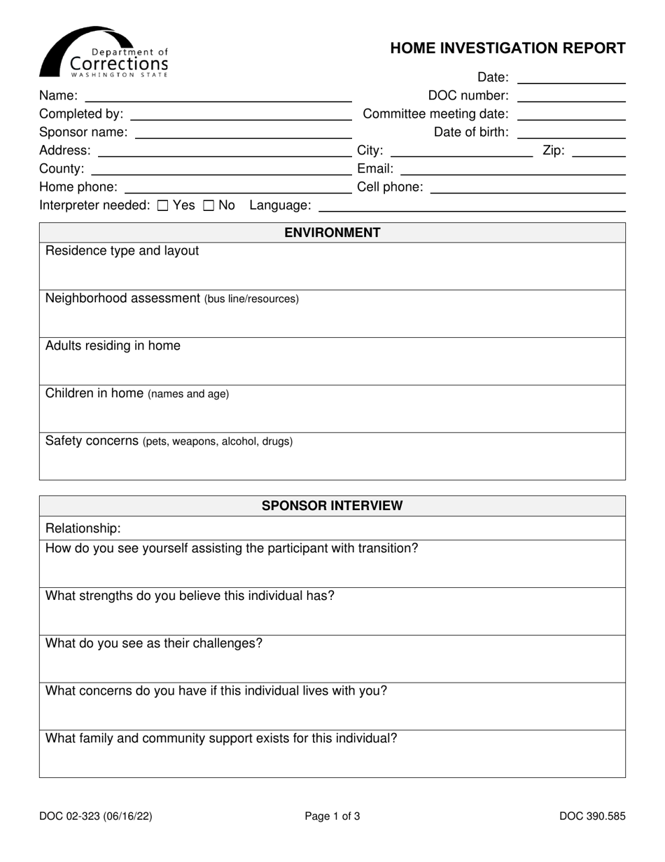 Form DOC02-323 Home Investigation Report - Washington, Page 1