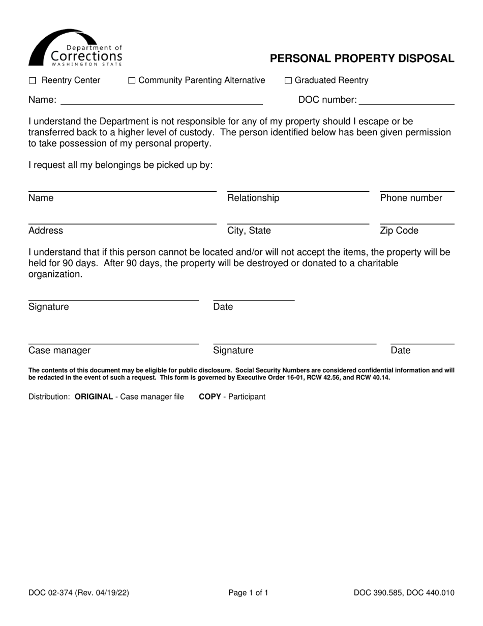 Form DOC02-374 Personal Property Disposal - Washington, Page 1