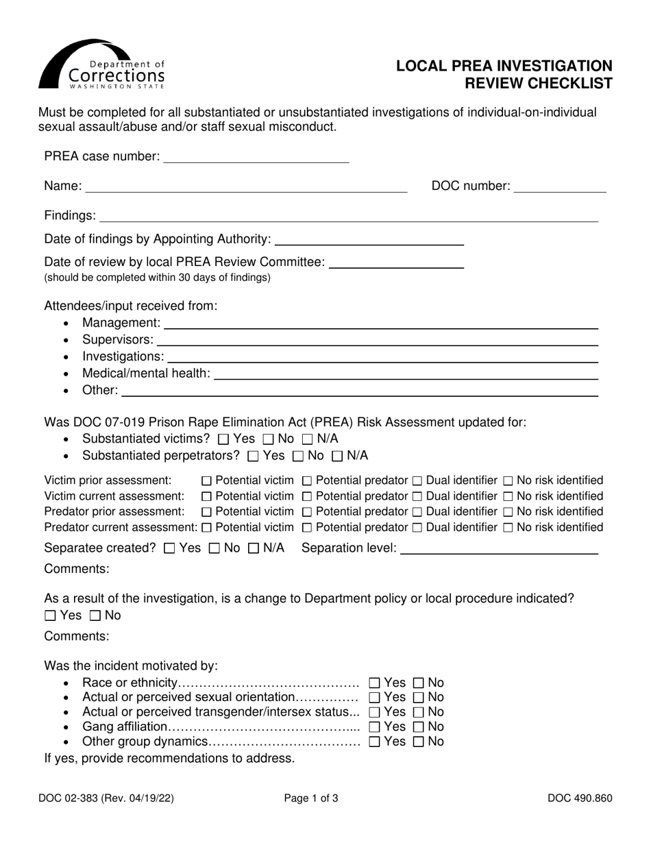 Form DOC02-383 Local Prea Investigation Review Checklist - Washington, Page 1
