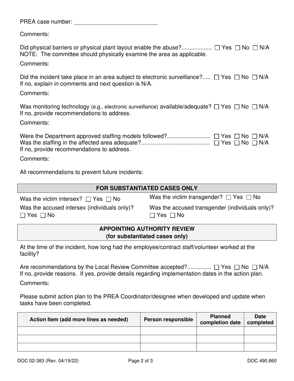 Form DOC02-383 Local Prea Investigation Review Checklist - Washington, Page 2