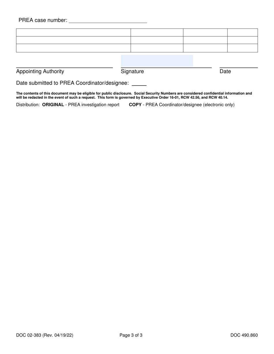 Form DOC02-383 Local Prea Investigation Review Checklist - Washington, Page 3
