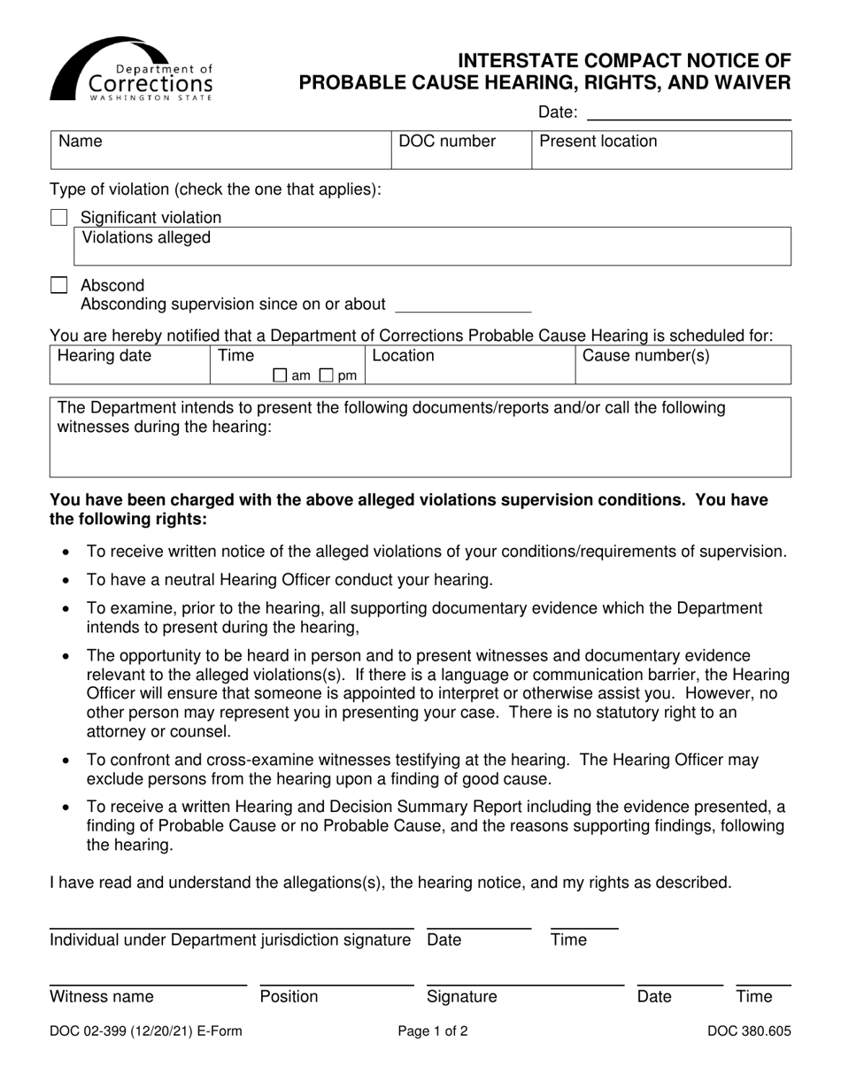 Form DOC02-399 Interstate Compact Notice of Probable Cause Hearing, Rights, and Waiver - Washington, Page 1