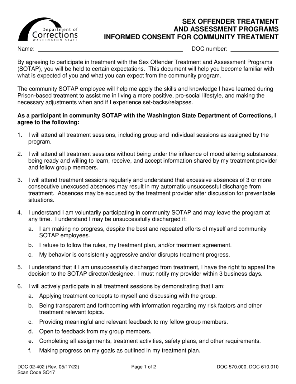 Form DOC02-402 Informed Consent for Community Treatment - Sex Offender Treatment and Assessment Programs - Washington, Page 1