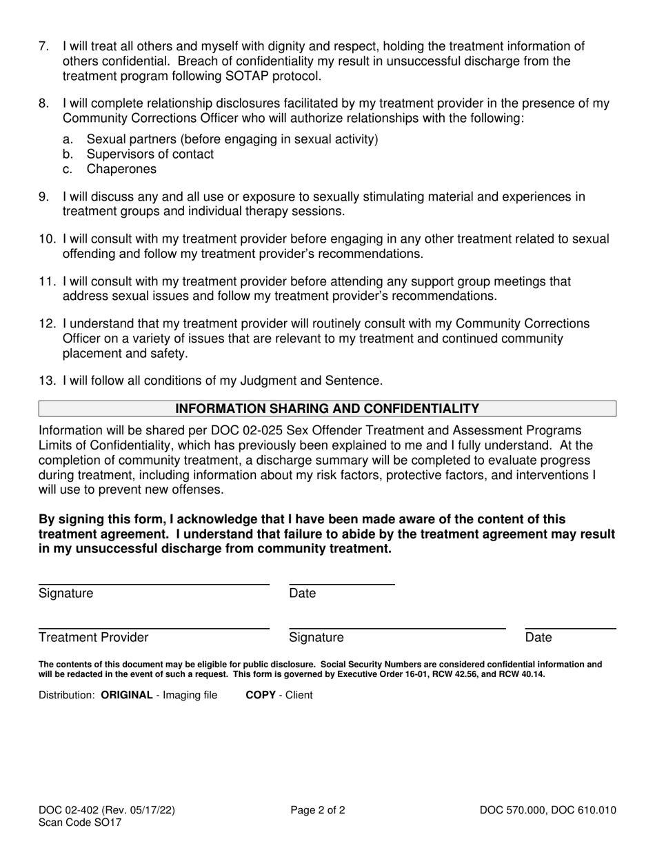 Form DOC02-402 Informed Consent for Community Treatment - Sex Offender Treatment and Assessment Programs - Washington, Page 2