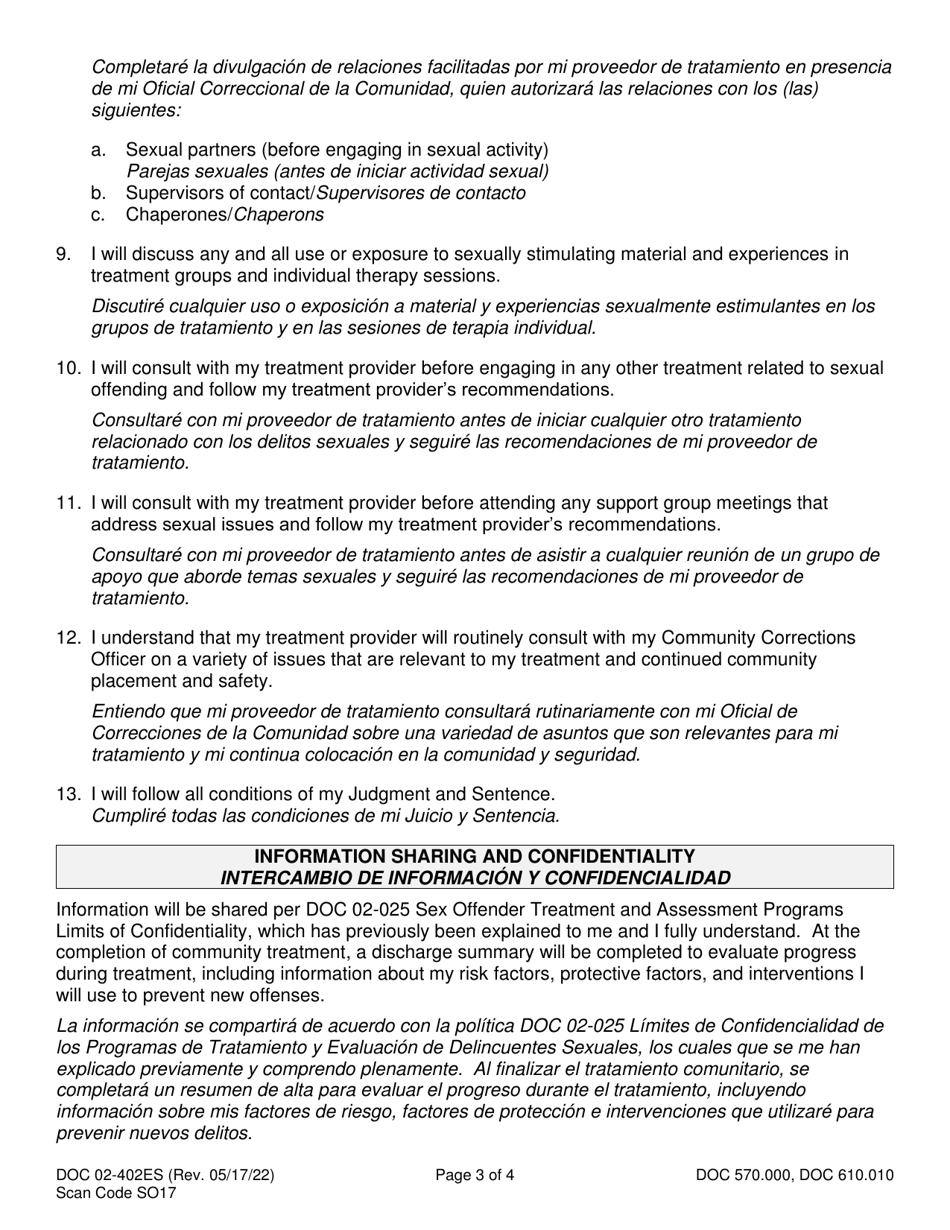 Form DOC02-402ES Informed Consent for Community Treatment - Sex Offender Treatment and Assessment Programs - Washington (English / Spanish), Page 3