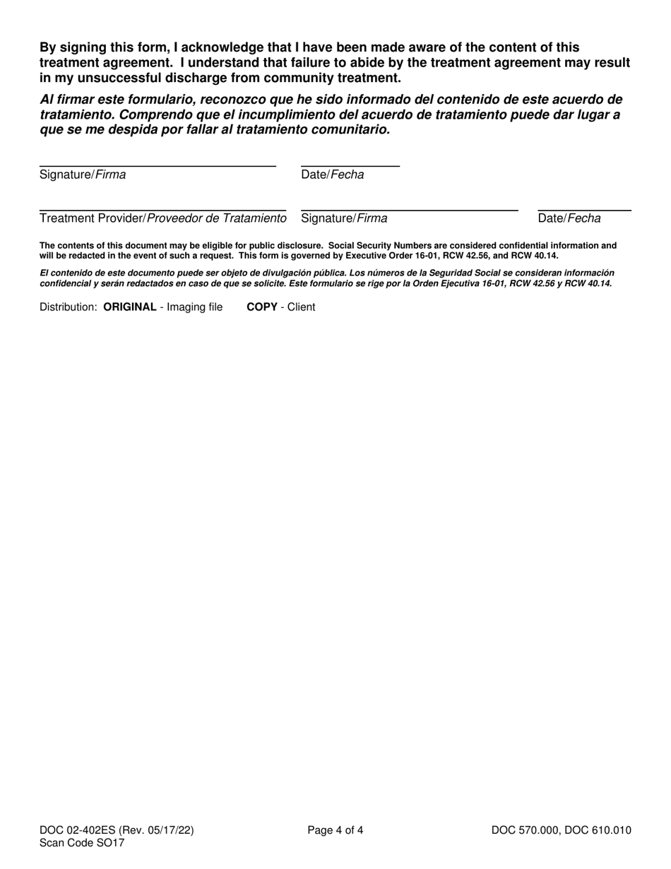 Form DOC02-402ES Informed Consent for Community Treatment - Sex Offender Treatment and Assessment Programs - Washington (English / Spanish), Page 4