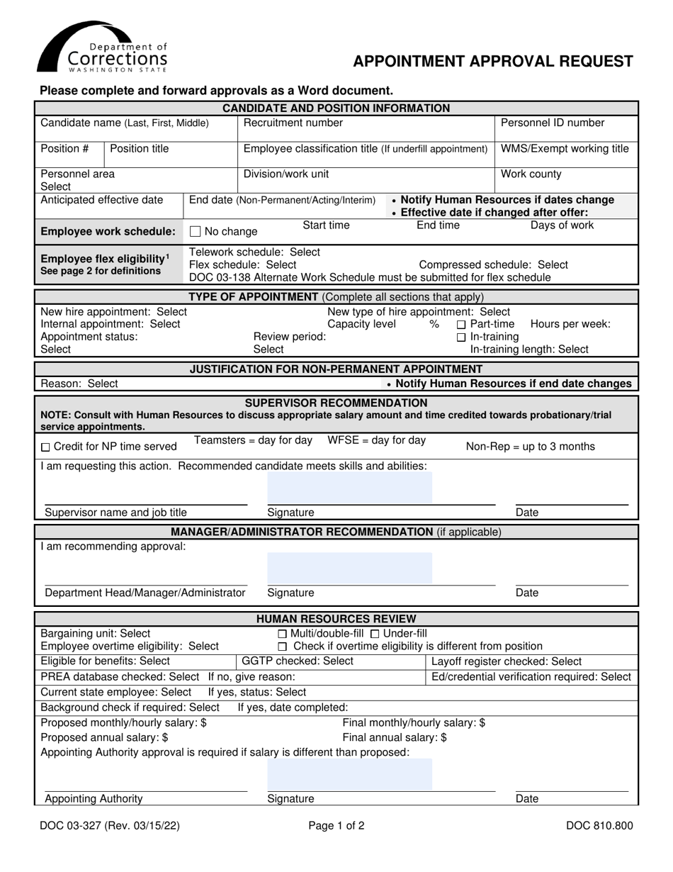 Form DOC03-327 Appointment Approval Request - Washington, Page 1