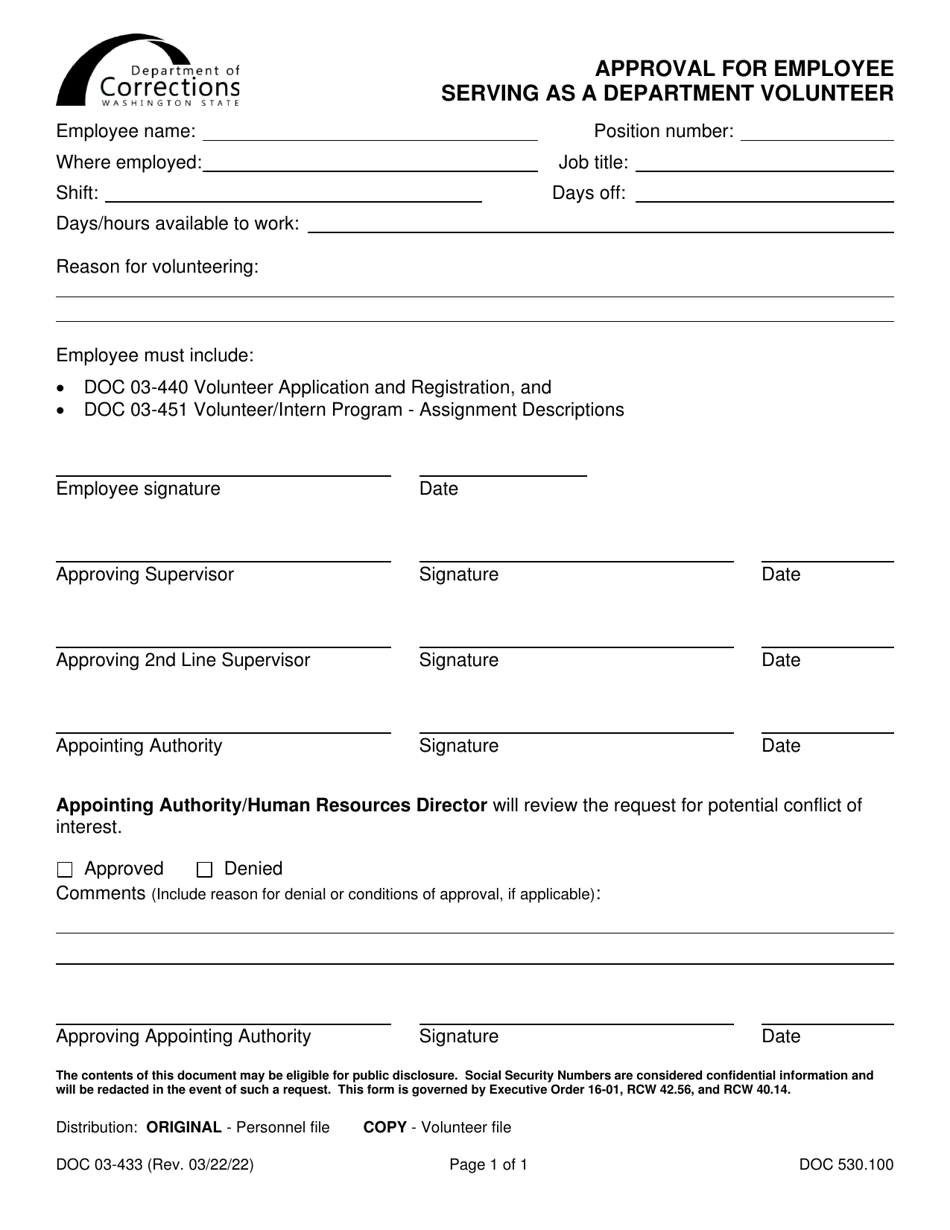 Form DOC03-433 Approval for Employee Serving as a Department Volunteer - Washington, Page 1