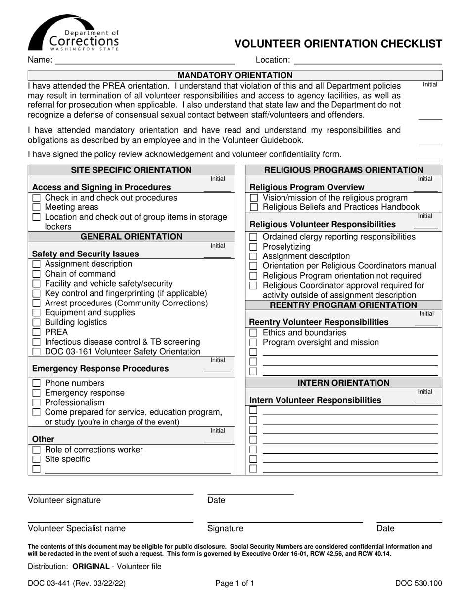 Form DOC03-441 Volunteer Orientation Checklist - Washington, Page 1