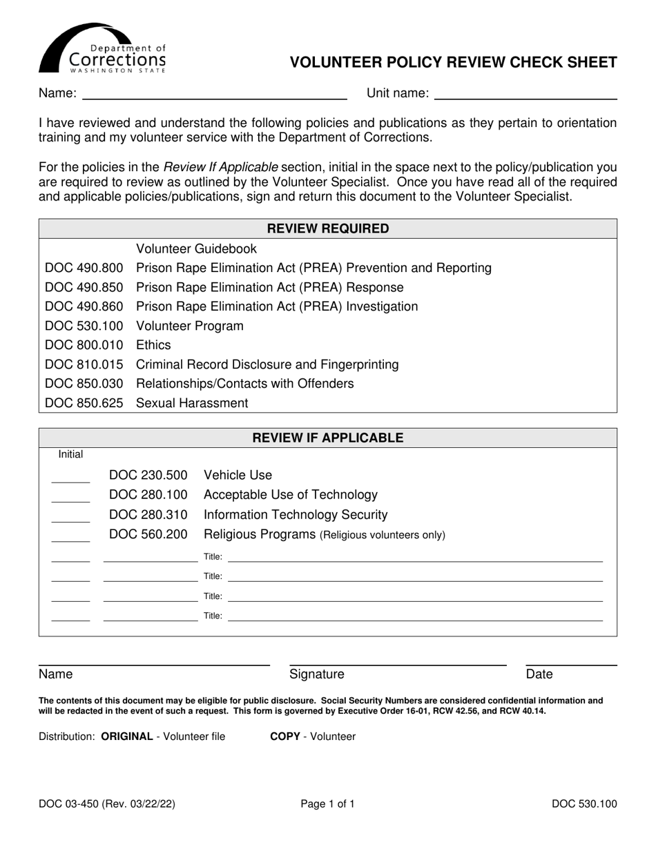 Form DOC03-450 Volunteer Policy Review Check Sheet - Washington, Page 1