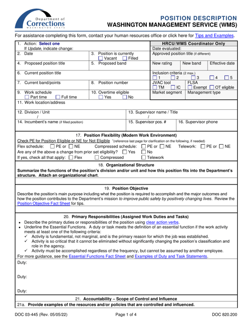 Form DOC03-445 Position Description - Washington Management Service (Wms) - Washington